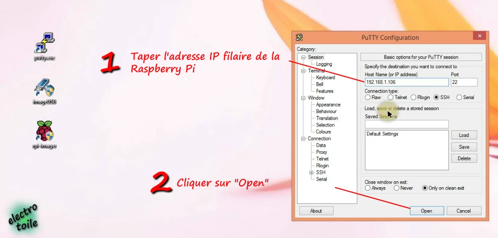 taper l'adresse IP filaire de la raspberry pi dans le logiciel Putty