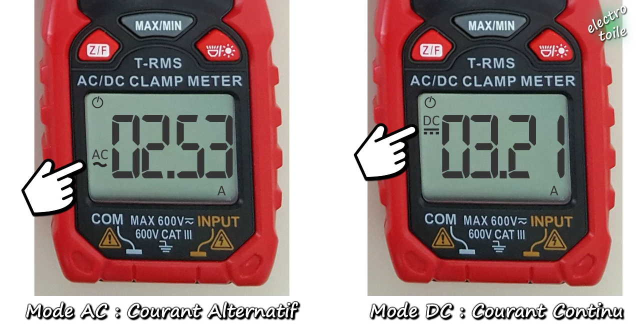 choix du mode AC ou DC pour la mesure du courant électrique